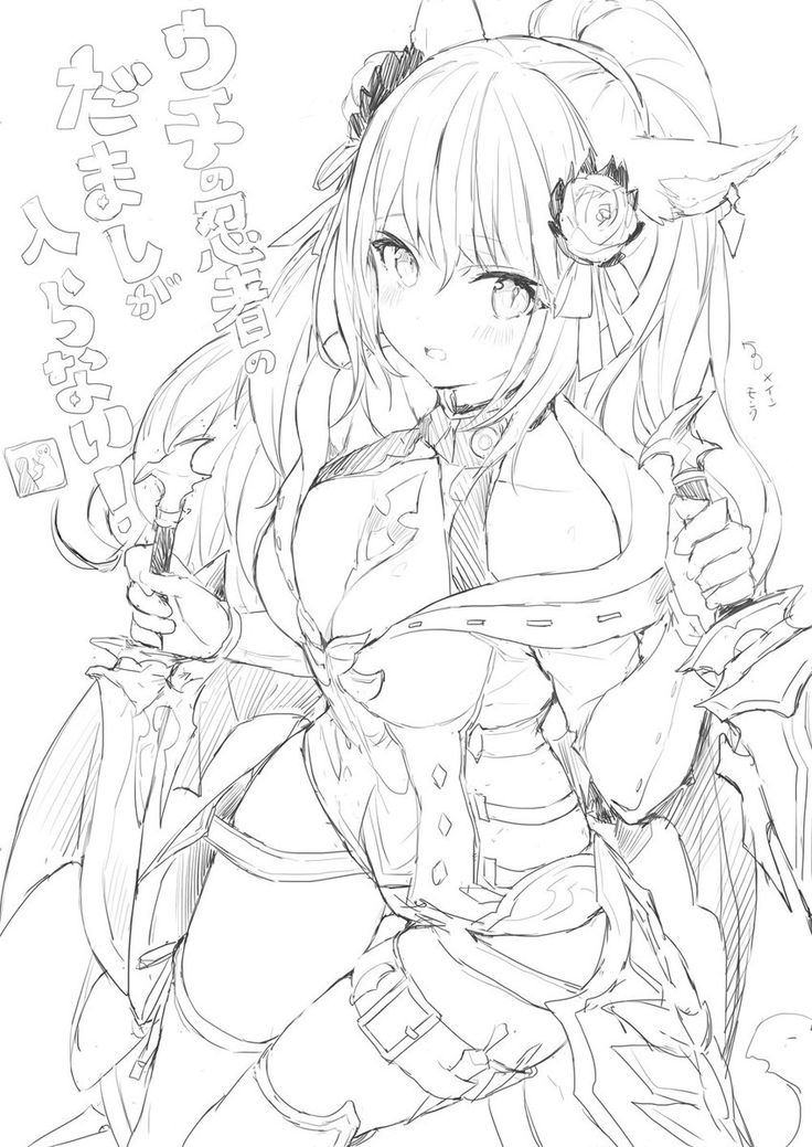 a black and white sketch of an anime girl. she has long, flowing hair, and is wearing a fantasystyle outfit. she is holding a sword and has a determined expression on her face. the sketch is detailed and expressive.