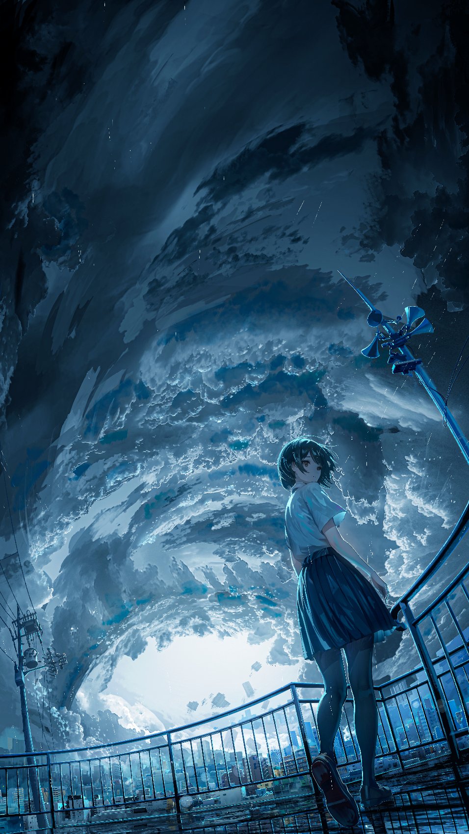the image is a digital painting or illustration featuring an animestyle girl standing on a railing overlooking a cityscape. the sky above is dramatically rendered with dark, swirling clouds that create a sense of unease or mystery. the color palette is predominantly dark blue, adding to the mood. the girl's posture and the perspective of the image emphasize her smallness against the vastness of the sky and cityscape, creating a feeling of loneliness or contemplation.  the overall style is a blend of realism and fantasy, reminiscent of some anime and manga visual styles.