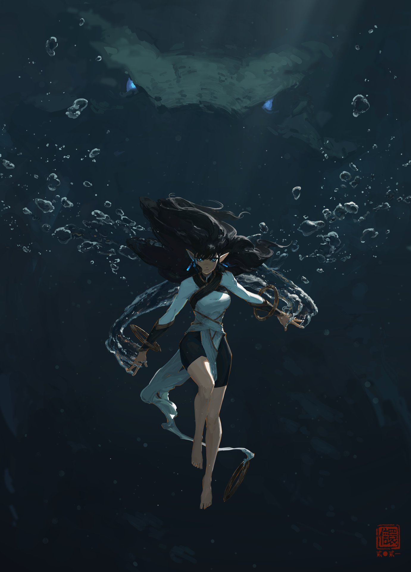 the image is a digital painting of a serene, ethereal woman, possibly an elf, floating underwater. her long dark hair flows around her as if she's part of the water. she wears a lightblue and white flowing robe, and her expression is calm and peaceful. bubbles rise around her, and in the background, a large, shadowy creature seems to be lurking, adding a sense of mystery. the overall mood is mystical and atmospheric, with a focus on the contrast between the darkness of the deep sea and the soft light reflecting on the woman's form.