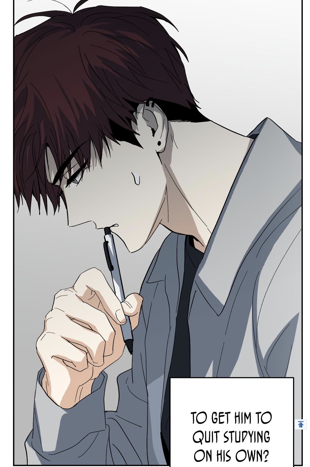 the image is a closeup illustration of a young man with brown hair, wearing a grey jacket. he is holding a pen and appears deep in thought, seemingly troubled by a difficult decision. the text in the lower right corner suggests he's trying to find a way to get someone to quit studying on their own.  the art style is reminiscent of manga or manhwa.