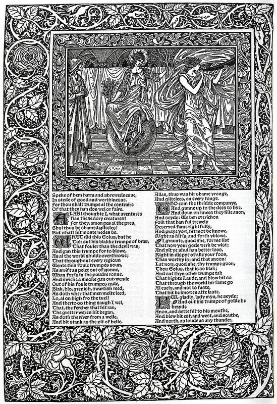 this is a woodcut image with black and white illustrations. the image features a medieval scene with a woman in flowing robes blowing a trumpet and a winged, horned beast standing on a wheel, with text around the image. the border of the image is a intricate floral pattern.  the  image is rich with detail, with delicate lines and intricate patterns that evoke a sense of medieval storytelling.  the overall effect is one of beauty and intrigue, inviting the viewer to delve into the world of the image and understand the message being communicated.