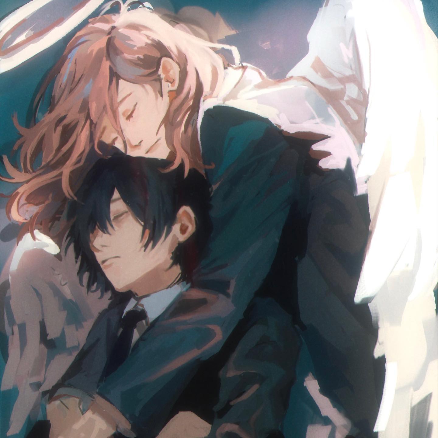 the artwork depicts a tender and intimate scene between two animestyle characters.  one character, with long light pink hair, appears angelic, possibly an angel due to the halo and large white wings visible behind them. they are embracing the other character, who has dark hair and is wearing a dark suit and tie.  both characters appear to be asleep or resting peacefully in each other's arms. the painting style is loose and painterly, creating a dreamy and emotional atmosphere. the color palette is muted and soft, contributing to the overall feeling of serenity and closeness.