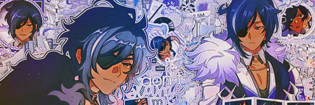 the image is a vibrant digital art collage featuring multiple stylized animestyle male characters, heavily reminiscent of the art style seen in genshin impact.  the dominant figures are two characters with dark blue and light purple hair, both sporting eyepatches, set against a background of many smaller images, stickers, and text. the overall aesthetic is purple and blue with a layered and scrapbooklike feel. the style suggests fan art. the image suggests a possible connection to characters like scaramouche (wanderer) from genshin impact, based on the character design.