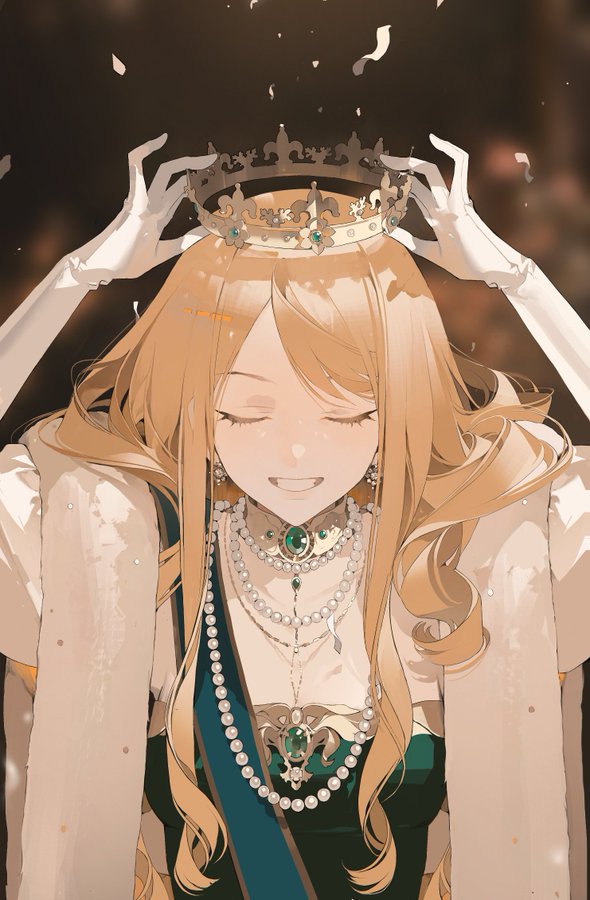 he image shows an animestyle illustration of a young woman with long blonde hair. she's wearing a beautiful gold crown, which she is placing on her head herself. she is adorned in elegant jewelry, including a pearl necklace and other pieces featuring emeralds. she wears a dark teal gown underneath a light beige robe, and white gloves. her expression is one of serene happiness. the background is blurred and suggests a celebratory or formal setting, perhaps a coronation.  the style is soft and painterly, with delicate details in the hair and clothing.  petals are falling around her, adding to the magical and celebratory mood.