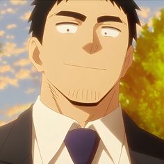 this is a digital illustration of a man with short black hair and brown eyes. he is wearing a white dress shirt, a dark blue tie, and a black suit jacket. he has a short beard and mustache. he is smiling slightly and looking off to the left of the frame. the background is a blurry yellow and orange gradient, suggesting a sunset.