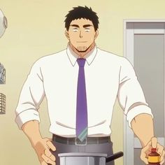 an anime man is standing in a kitchen, wearing a white shirt, grey pants, and purple tie. he appears to be cooking, with a pot in front of him and a bottle of sauce in his hand. he has short dark hair and a goatee. the kitchen is brightly lit and the perspective is from eye level.