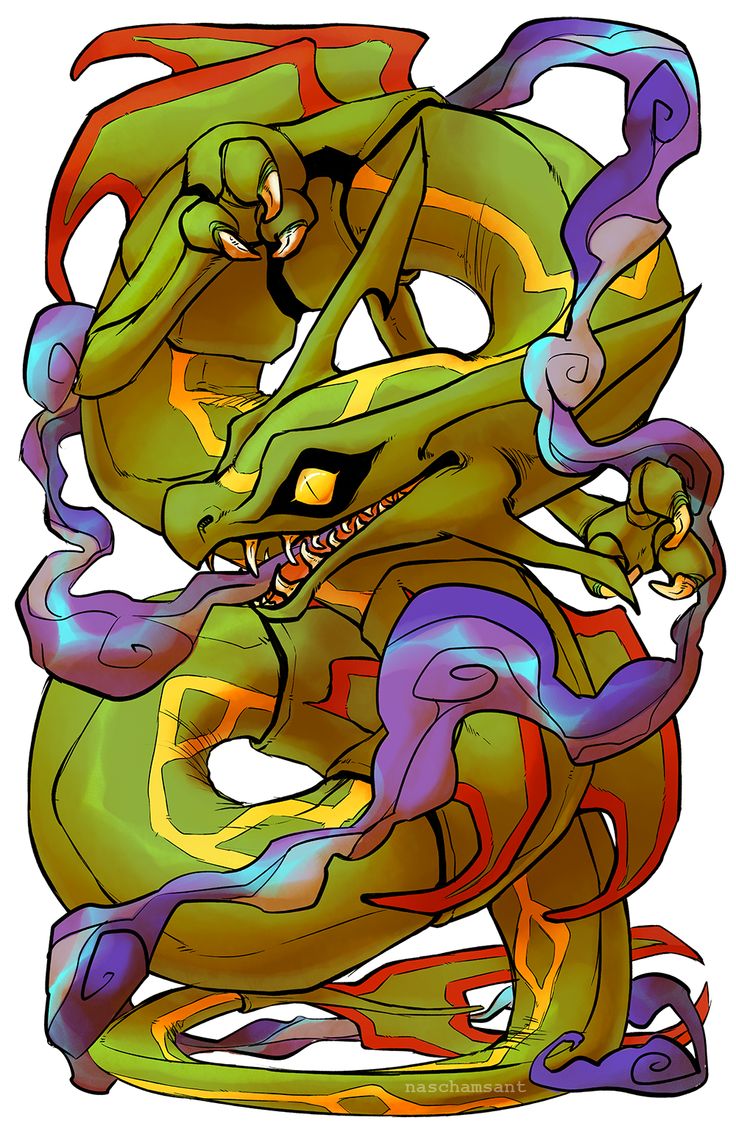 the image is a vibrant digital painting of a stylized dragon or serpentine creature. the creature is primarily green with yellow and red accents, coiled in a dynamic pose.  it has sharp claws and fangs, a fierce expression, and is surrounded by swirling purple and blue smokelike elements. the artwork is highly detailed and demonstrates a skilled use of color and form. the style is reminiscent of fantasy art and possibly inspired by video game character design. the artist's signature, "naschamsant," is visible in the lower right corner.