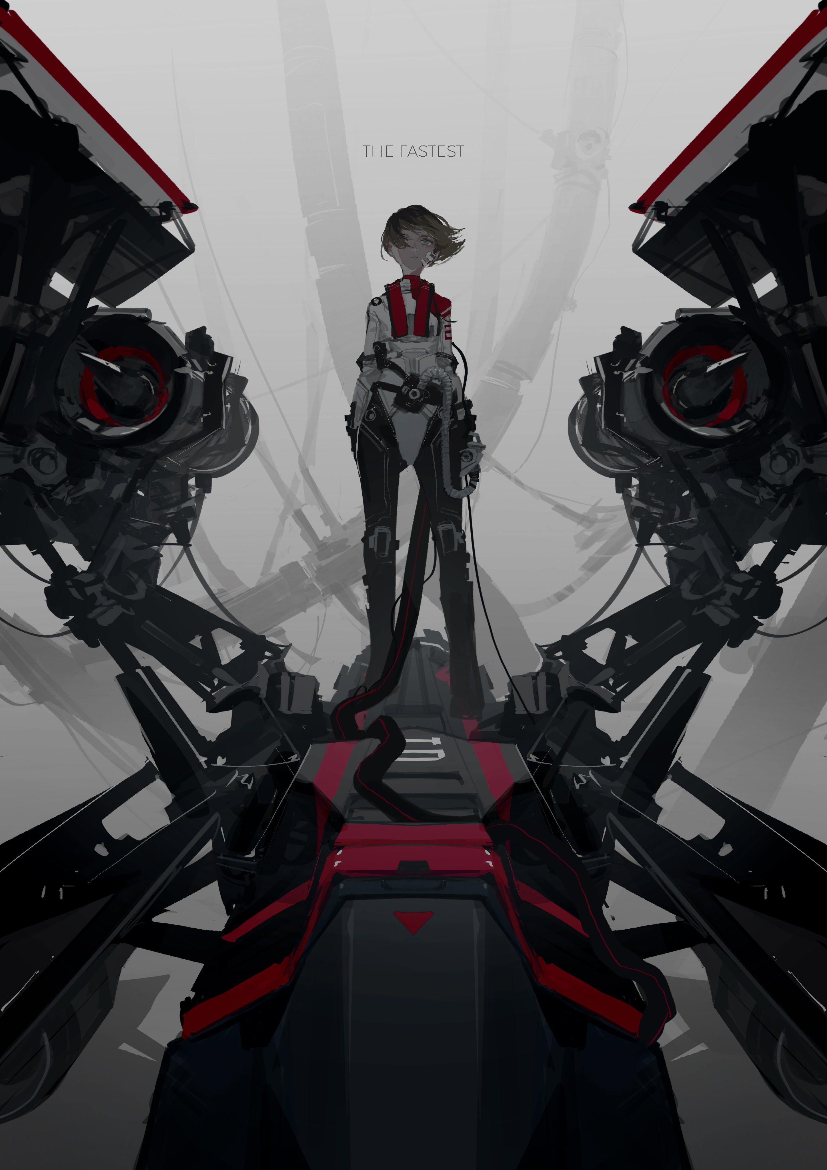 a female character with short hair and a determined expression stands atop a futuristic,  black and red vehicle or machine. the scene is dimly lit, emphasizing the character against the backdrop of towering, complex machinery. the artwork employs a low camera angle, creating a sense of grandeur and power.