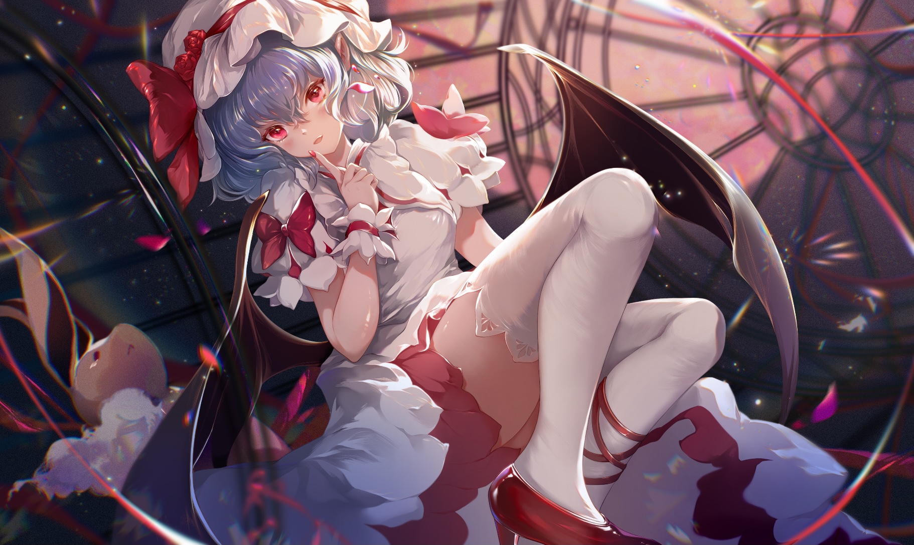 the image is a vibrant digital painting of remilia scarlet from the touhou project. she is depicted in her signature gothic lolita dress, complete with red and white accents, bat wings, and red high heels.  she's sitting with one leg bent, and one leg outstretched, showcasing long white stockings.  she has long, wavy purple hair and bright red eyes.  one hand is to her mouth as if she's whispering a secret.  a small, cute, tancolored rabbit is partially visible in the foreground.  the background is dark and features a partially visible clock and a swirling array of colorful lights and effects. the overall style is a mix of fantasy, elegance, and cuteness, typical of anime and digital art featuring characters from the touhou series.