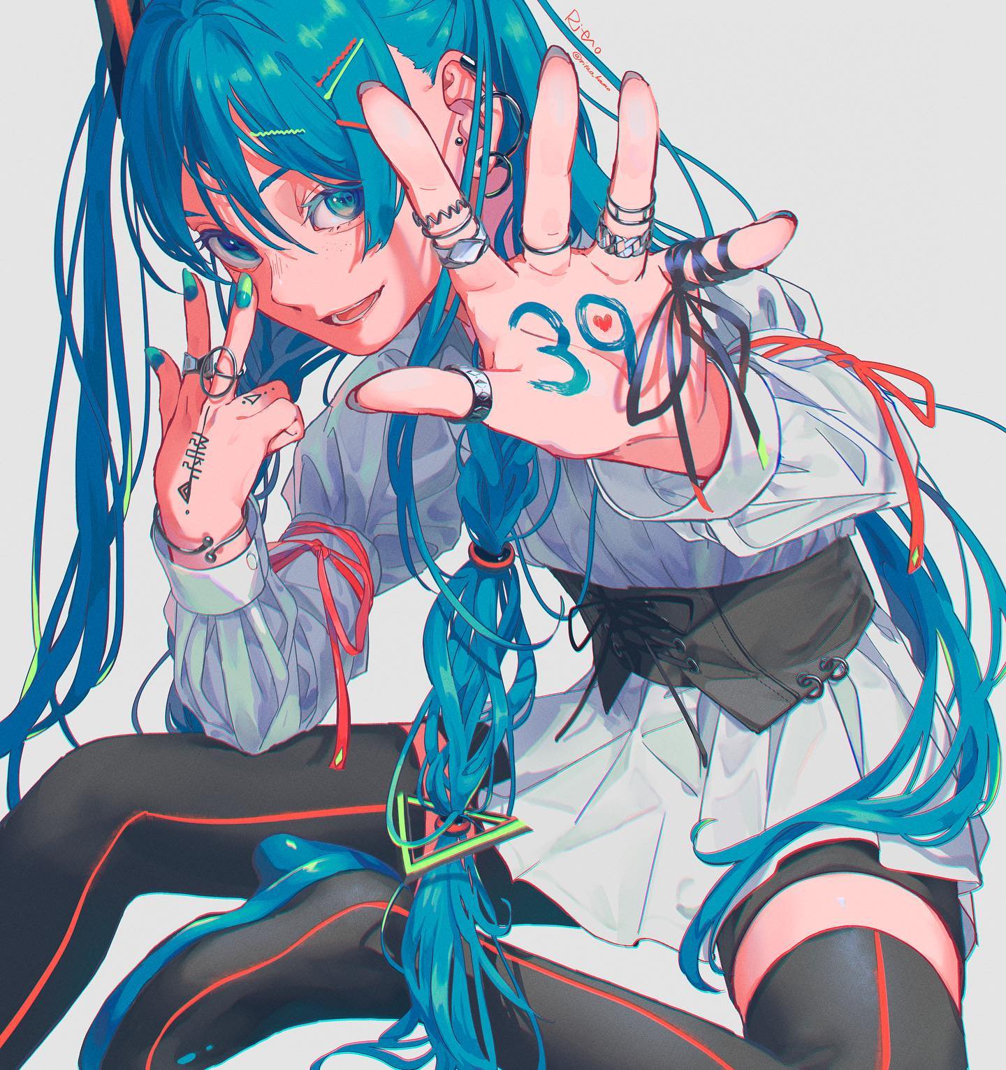 the image is a vibrant digital illustration or artwork featuring a stylized anime girl, strongly resembling hatsune miku, the popular vocaloid character.  she has long, flowing turquoise hair styled in a braid, and is adorned with numerous rings, bracelets, and what appear to be small tattoos. she's wearing an oversized, slightly sheer, lightcolored shirt over a black corset and black leggings with red detailing and thighhigh socks. the girl's pose is dynamic; she's crouched slightly, one hand raised to show the number "39" written on her palm with a small red heart next to it, the other hand making a peace sign. the overall style is modern and energetic, with bright, saturated colors and a focus on detail in her clothing and accessories. the background is simple and light, keeping all attention centered on the character. the artistic style is clean yet dynamic, suggestive of modern anime and manga influences.
