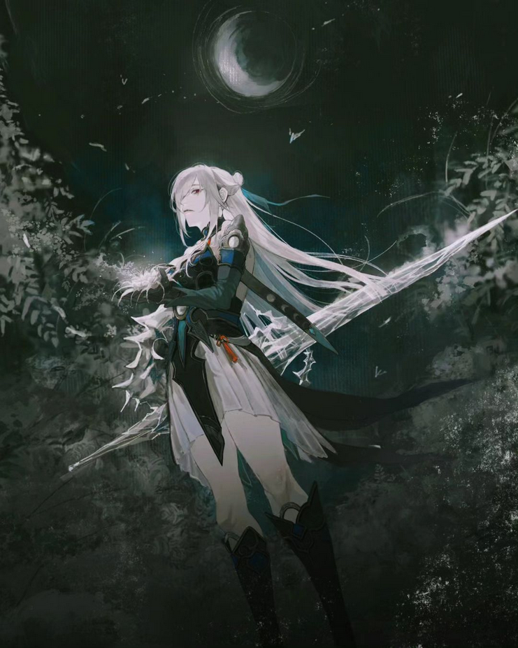 the image depicts an anime girl with white hair and blue eyes, standing in a dark forest at night. she is dressed in a blue and white outfit, and she is holding a sword in her right hand. the moon is visible in the sky, and there is a magical aura surrounding the girl. she appears to be a powerful warrior, and the image is full of fantasy elements. the girl's expression is serene and determined, as she stands ready to face any challenge that comes her way.