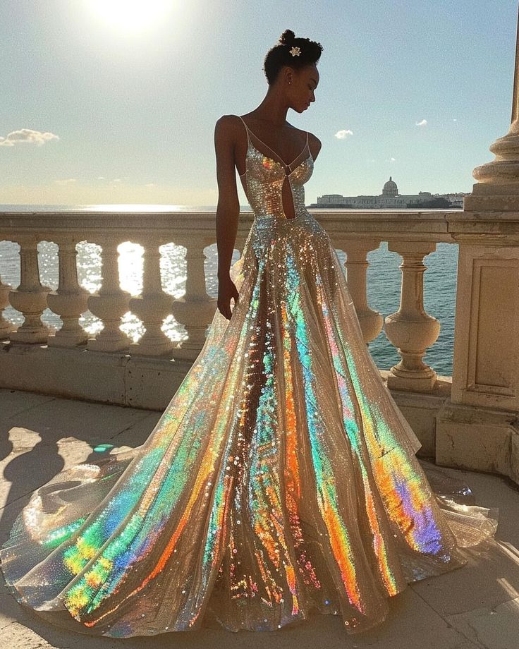 the image showcases a model wearing a breathtaking, floorlength iridescent gown. the dress is heavily embellished with sequins that create a holographic effect, shifting colors in the sunlight.  the model is posed on a balcony overlooking a calm ocean, the setting sun casting a warm glow. the dress's design features a fitted bodice with a subtle cutout detail and a flowing, aline skirt. the overall aesthetic is one of luxury, elegance, and glamour. the image is likely a fashion photograph showcasing the dress's design and the model's poise.