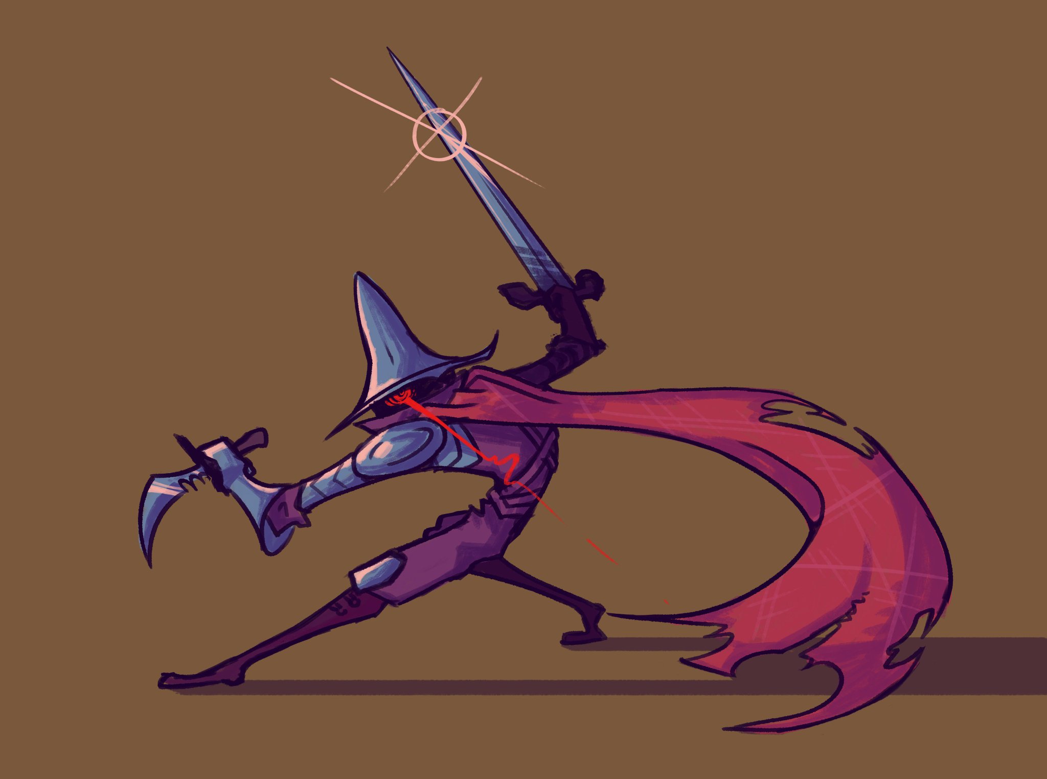 a stylized illustration of the knight from the video game hollow knight. the knight is in a dynamic pose, seemingly in the middle of combat. they are wielding their signature weapon, the nail, in their right hand, and a spell is being cast from their left. the background is a simple tan color, which contrasts with the knight's purple and red color scheme. the art style is cartoony and expressive.
