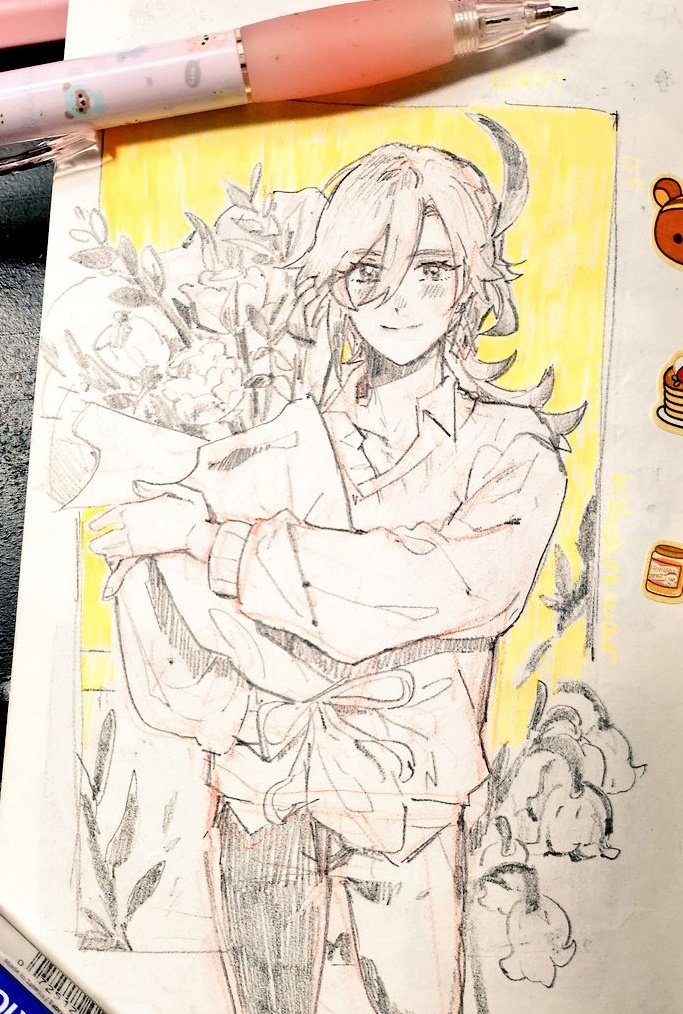 a sketch of a cute anime boy holding flowers, drawn with pencil on paper. he is wearing a white shirt and black pants. his hair is long and flowing, and he has a gentle smile. he is surrounded by flowers, which are drawn in a delicate style. the sketch is very detailed and shows the artist's skill.
