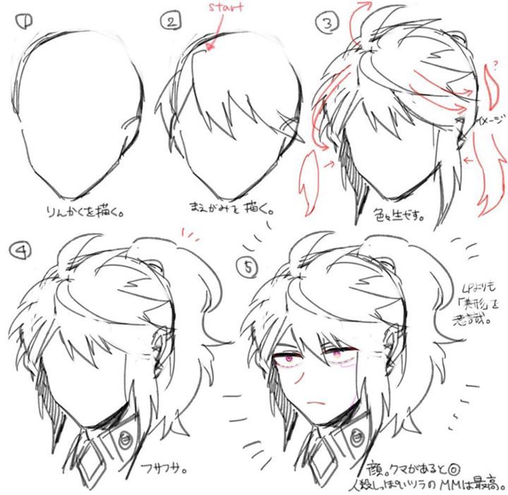a fivestep tutorial demonstrating how to draw anime boy hair in a manga style. the steps progress from a simple circle, outlining the head, adding basic hair shapes, adding more detailed strands, and finally adding facial features and shading to complete the look. the tutorial is written in japanese.