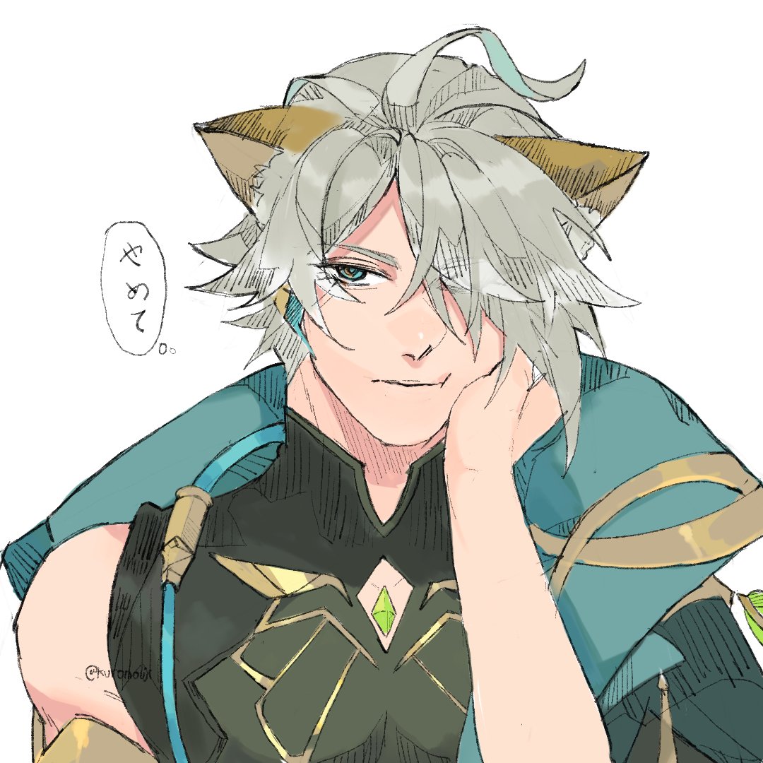 this is a digital illustration of a handsome young man with white hair and green eyes. he is wearing a blue and green outfit with cat ears. he has a green jewel in his outfit and is smiling as he rests his hand on his face. his expression is sweet and adorable, and he looks very happy. the illustration is very detailed and the colors are bright and vibrant.