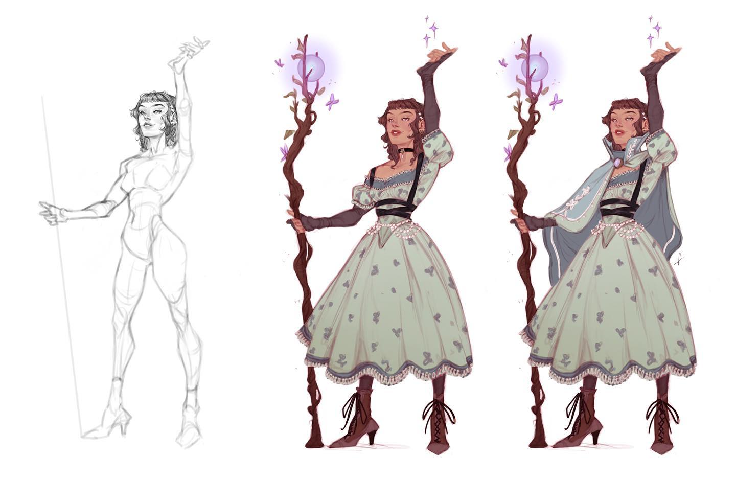 the image shows the digital painting process of a fantasy character.  it progresses from a basic line drawing of the female figure's anatomy to a fully rendered character in a green floral dress holding a magic staff with a glowing orb. there are butterflies and sparkling particles around the orb, enhancing the magical atmosphere. the character is depicted in two different renditions, one without, and one with a pale blue cloak, demonstrating different design choices. the artist clearly shows the process of development from initial sketch to final painting.