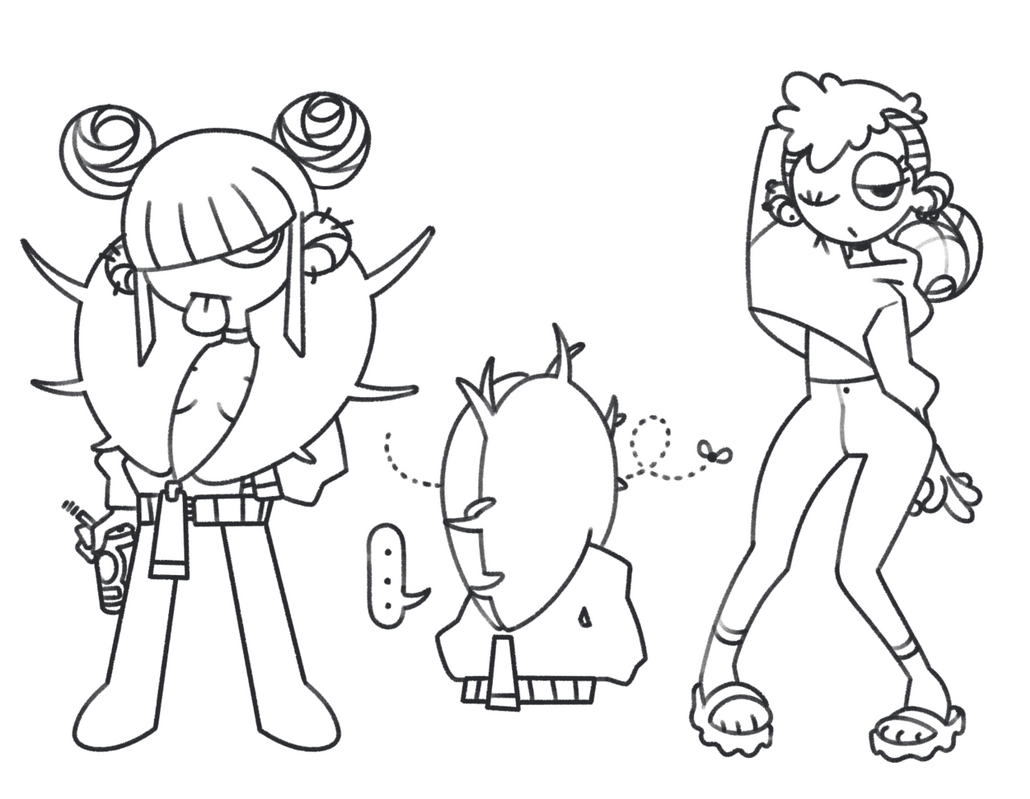 this is a black and white cartoon drawing of three cute characters. two of them are girls who are wearing unique clothing and are in the middle of doing some activity. the other character is a creature of some kind. they are all drawn in an anime style.