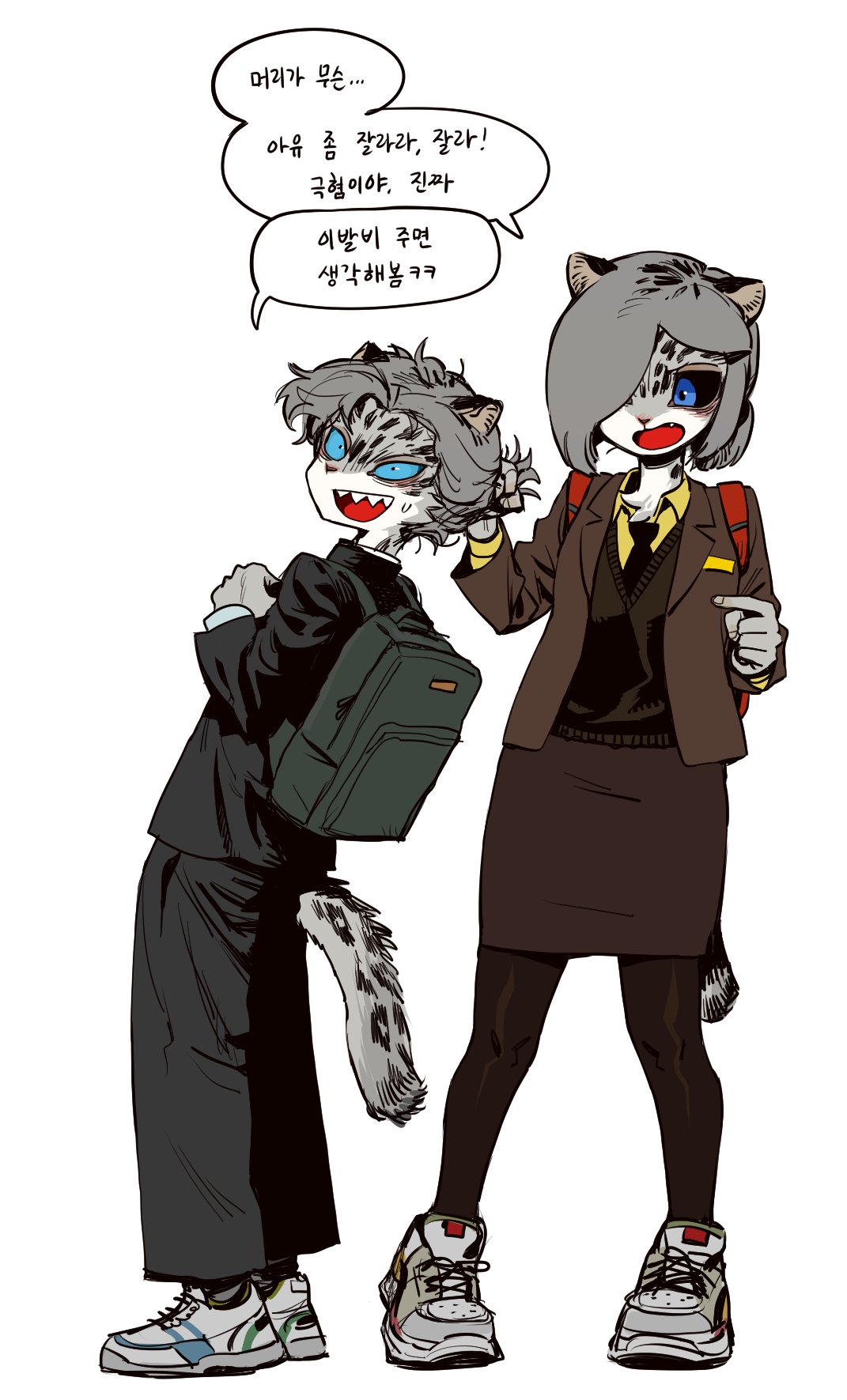 the image is an illustration of two female furries in school uniforms. they are talking to each other and are both smiling. they are wearing  grey and black school uniforms and have cat ears. the one on the left has a white and brown tail. the one on the right has a brown and white tail. they are both wearing sneakers. they are standing next to each other and look like friends. the background is white. the image is in the style of anime.