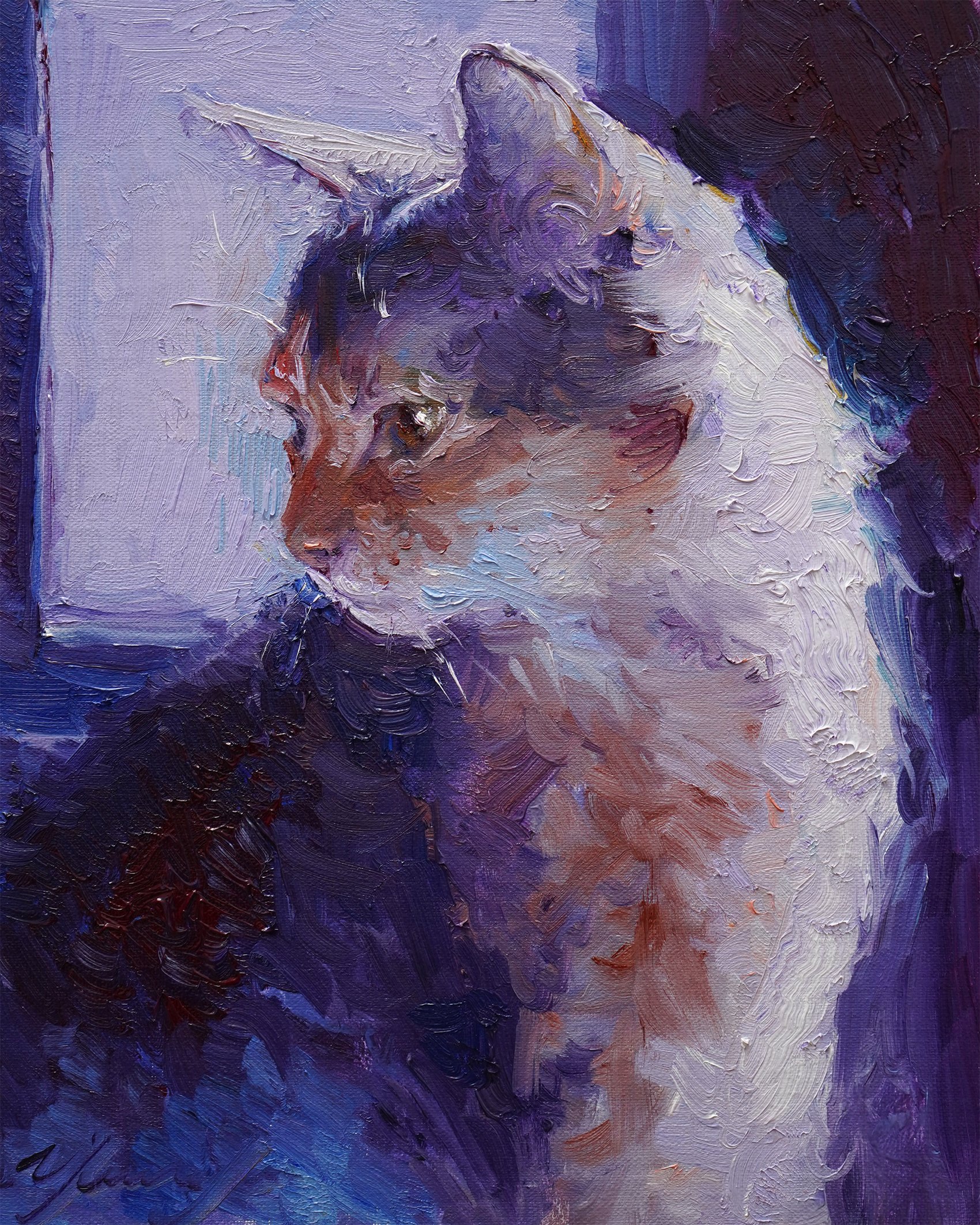 a closeup portrait of a cat painted in oil on canvas. the cat is white with brown and black markings. it is looking towards the left side of the image, and its eyes are large and expressive. the background is purple and abstract, with brushstrokes visible. the cat's fur is textured and fluffy, and its whiskers are prominent. the painting is a beautiful and realistic depiction of a cat.