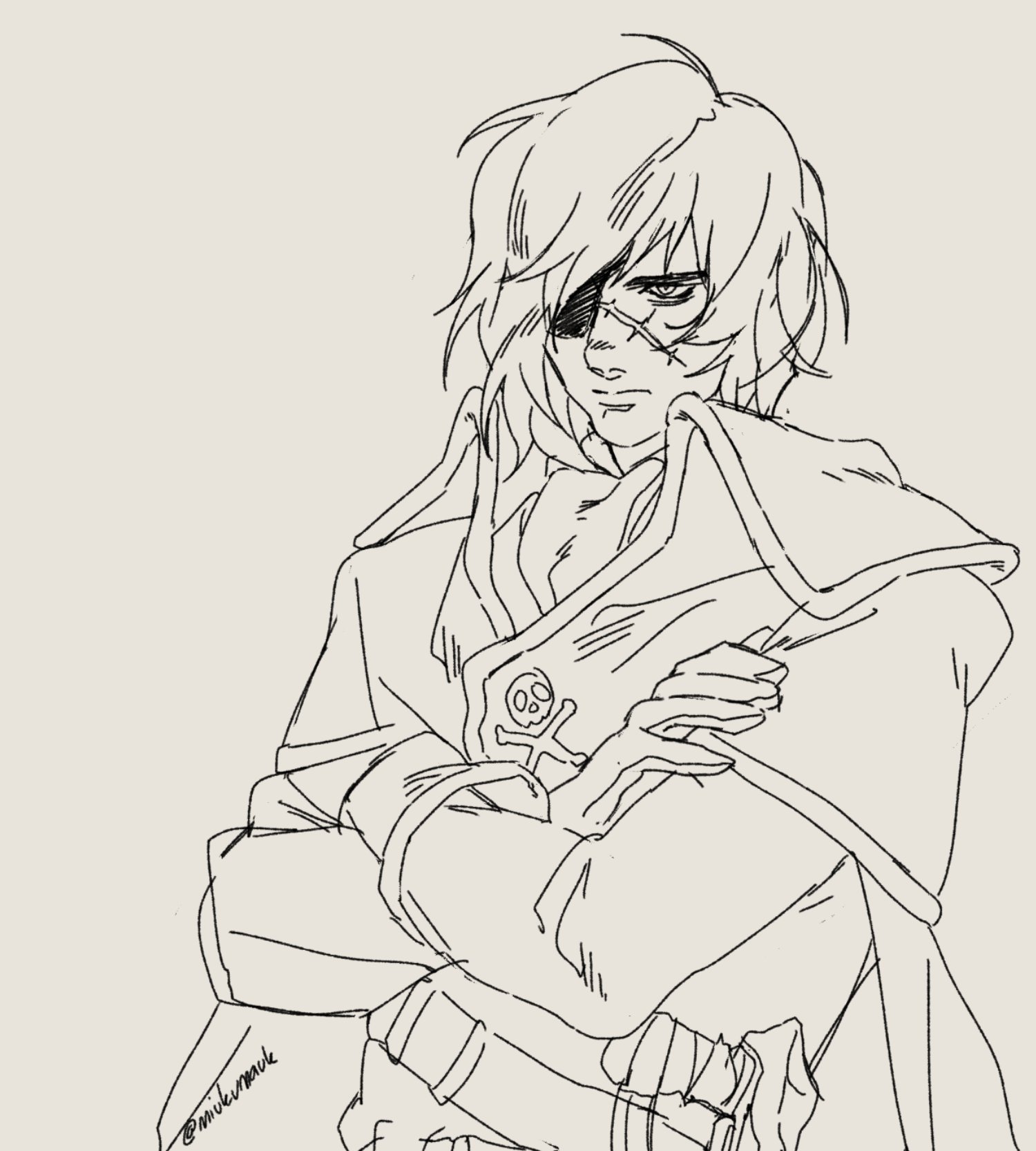 a line art sketch of a male anime character with an eyepatch. he is wearing a pirate captain's coat with a skull and crossbones design on the lapel. he is standing with his arms crossed, looking at the viewer. the image is drawn in black and white.