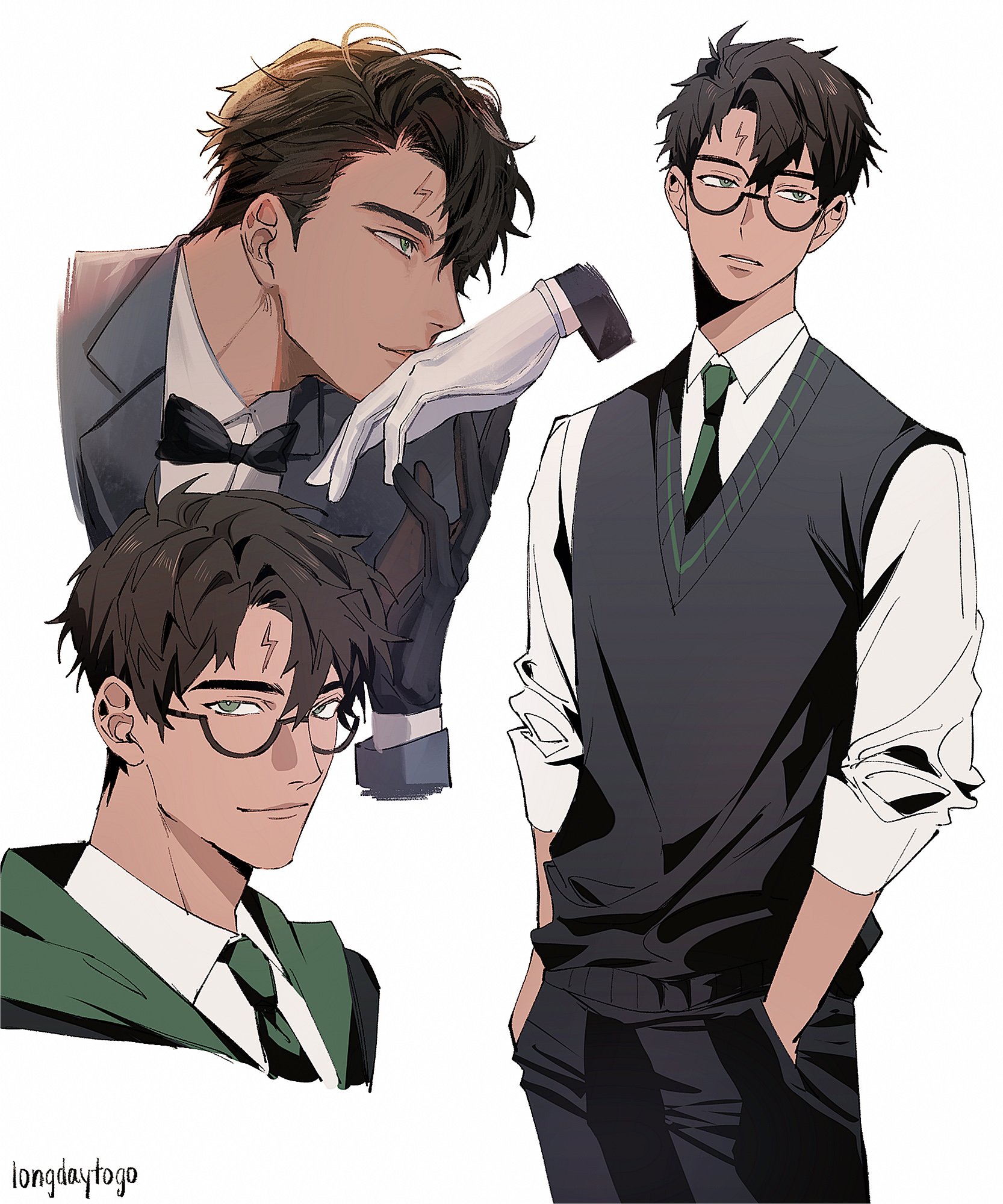 he image contains an illustration of a young man, possibly inspired by the harry potter universe, depicted in three different poses and outfits.  one shows him in a stylish suit, another in a slytherininspired vest and shirt combination, and a third in a closer view of his face in the slytherin outfit.  he has dark hair, glasses, and a lightning bolt scar on his forehead,  all common features in the series. the art style is anime/manga inspired and has a sophisticated and elegant feel. the drawing is highquality, showing attention to detail in the character's features and clothing.