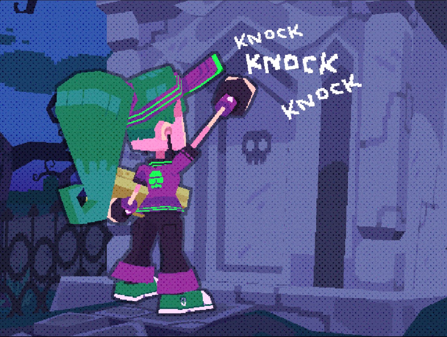 a pixel art animation depicting a girl with green hair knocking on a tomb in a graveyard at night. there is a single spot light on her and the tomb.
