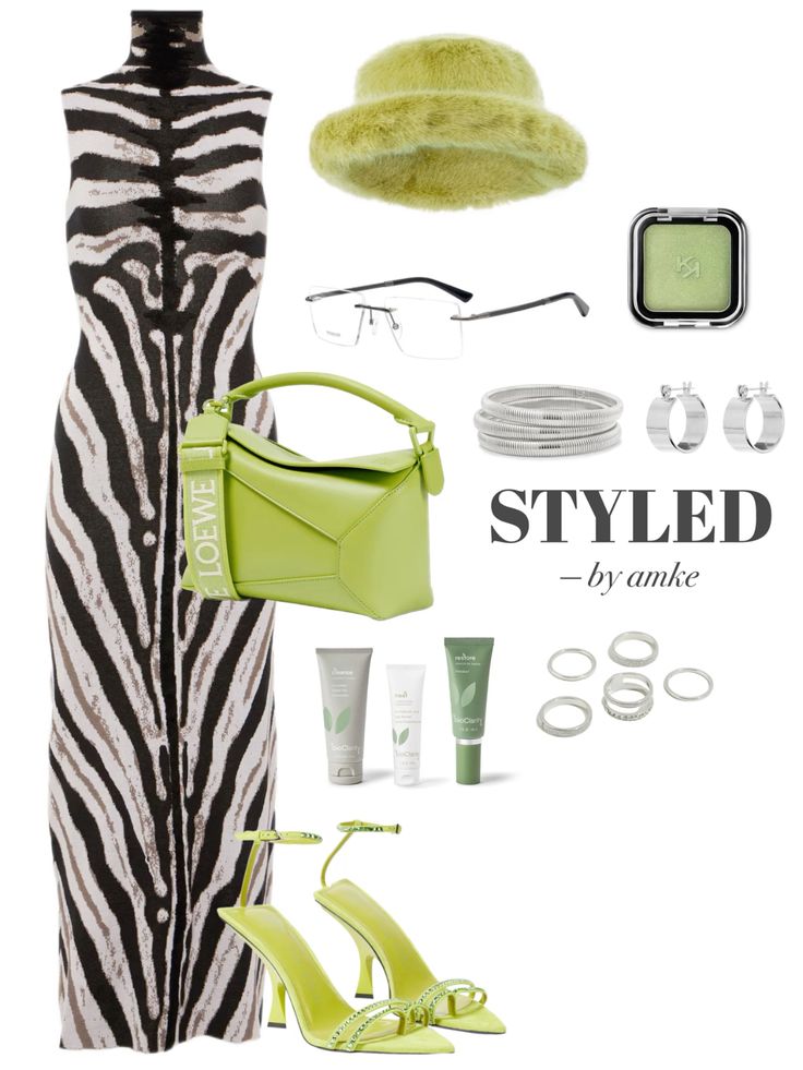 the image shows a fashion collage of a possible outfit. there is a zebra print dress, lime green fur hat, frameless eyeglasses, lime green handbag, lime green eye shadow, silver bracelets, silver hoop earrings, several skin care products, silver rings, and lime green high heels.