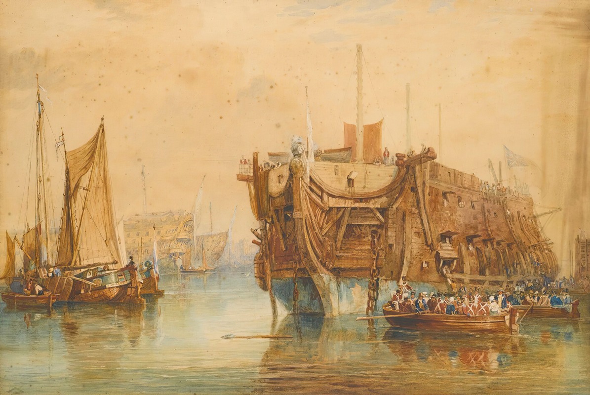 the image is a watercolor painting depicting a bustling harbor scene, likely from the 18th century. a large warship dominates the right side of the frame, with sailors visible on its deck. several smaller rowboats filled with people in red military uniforms surround the ship. to the left, other sailing vessels with tall masts and rigging are present, including a smaller boat closer to the viewer with people aboard. in the background, more ships can be seen in the hazy distance. the overall tone suggests a busy port day with military personnel and naval activity.