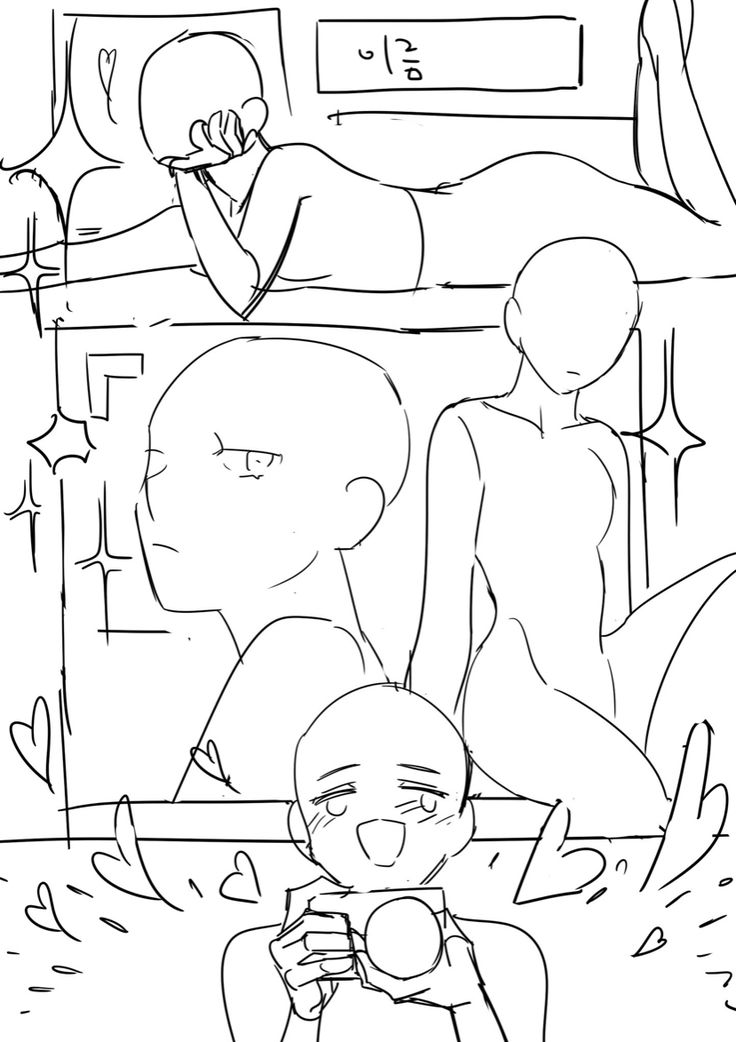 the image contains three animestyle character drawings, all with blank features. the top character is laying down and looking to the right. the middle character is standing with arms down, looking down and to the left. the bottom character is sitting and looking to the right, holding a camera.  the image is drawn in black and white with a simple and minimalist style, focusing on the basic shapes and outlines of the characters. it appears to be a template or base for drawing anime characters, offering examples of different poses and body positions.