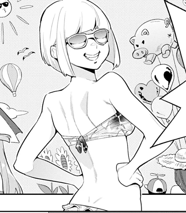 this black and white manga illustration depicts an anime character wearing a bikini and sunglasses, smiling happily. she is drawn in a cute and stylized manner, with large eyes and a playful expression. the image evokes a sense of summer and fun, as the character is presumably enjoying a beach vacation.