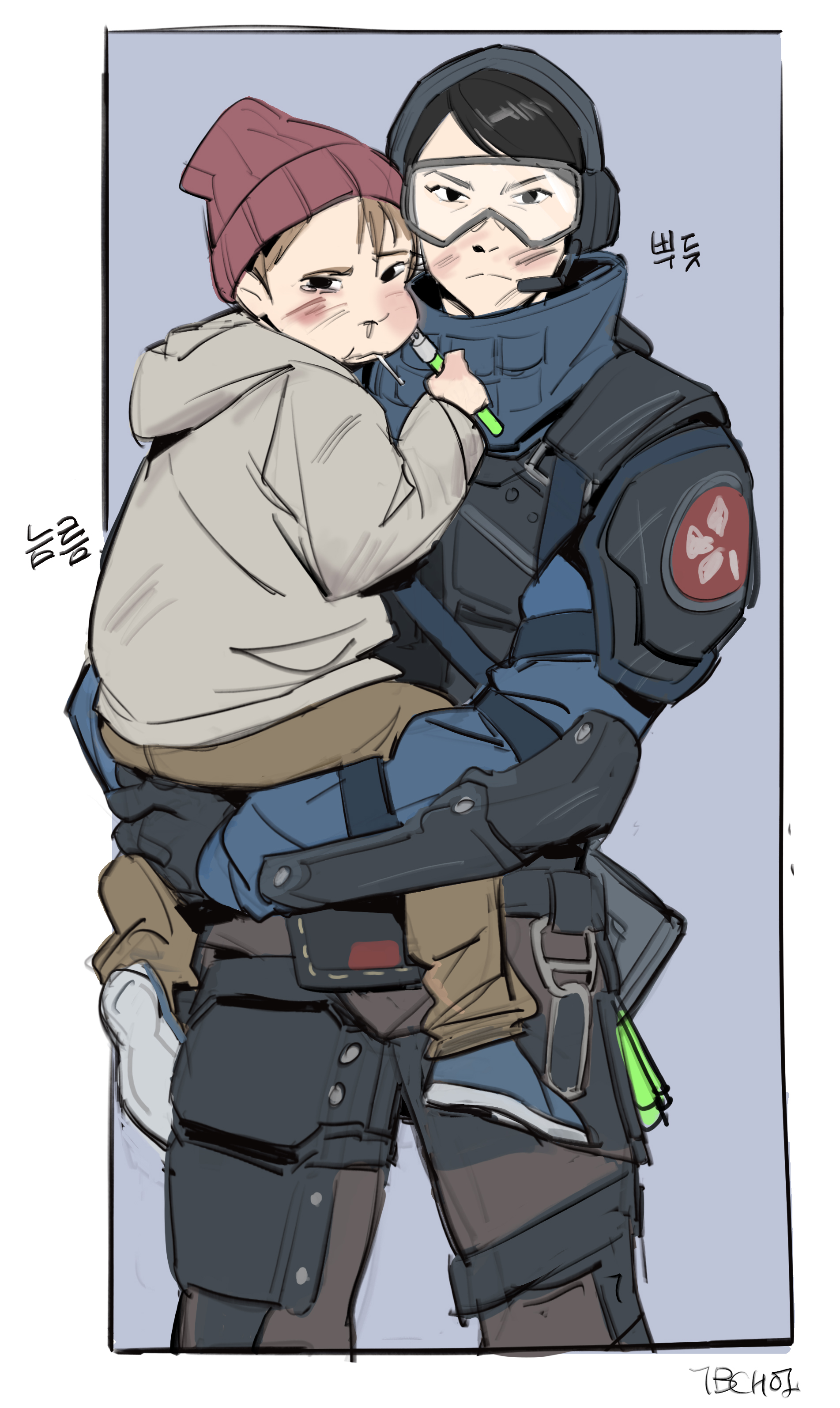 the image is a digital fanart drawing in an anime/chibi style depicting a female rainbow six siege operator (likely a specific character but not clearly identifiable from this angle) carrying a small child. the operator is depicted wearing full tactical gear, including a helmet and goggles.  the child is wearing a beanie and casual clothes. the style is soft and cute, contrasting the operator's military attire. the background is a muted gray, focusing attention on the characters. korean text is visible, possibly artist's signature or commentary. the overall feeling is one of gentle protectiveness.
