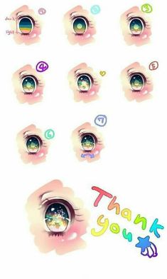 the image is a stepbystep tutorial on how to draw anime/manga style eyes. it shows nine different steps, starting with a simple outline and gradually adding more detail until the eye is complete. the tutorial is written in english and uses a variety of colors to illustrate the different steps.