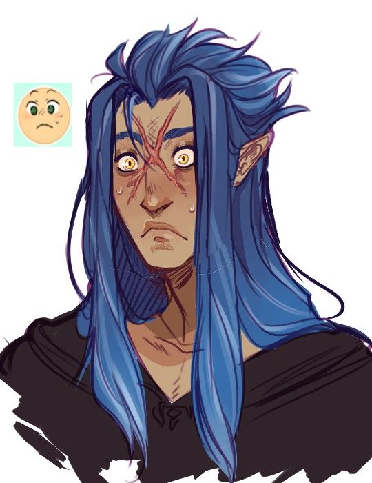a drawing of a male anime character with long blue hair,  wounds on his face, and a worried expression.