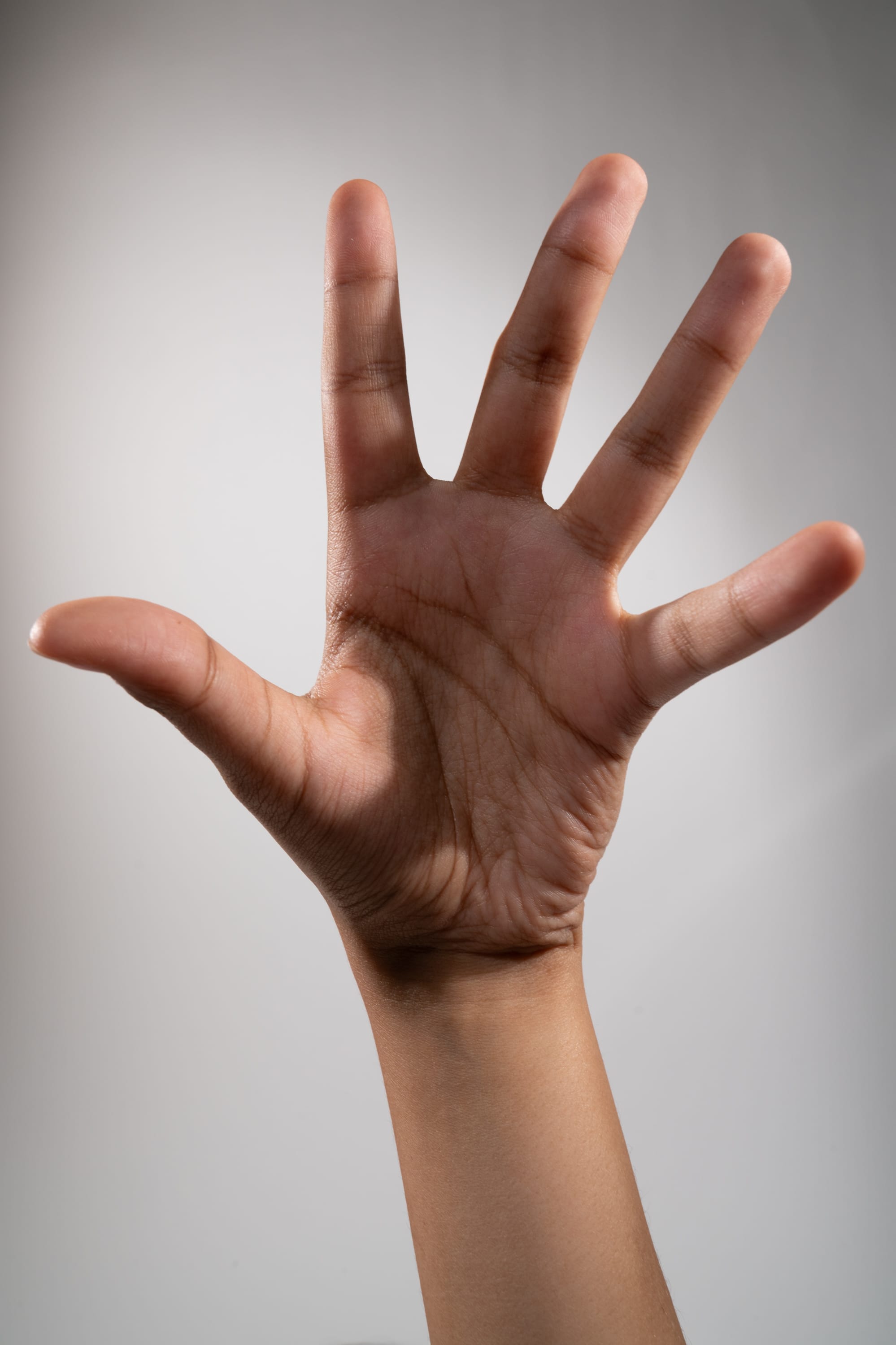 a moderately darkskinned human hand is shown with an open palm, fingers extended upward, set against a light gray background. the hand is illuminated with studio lighting.