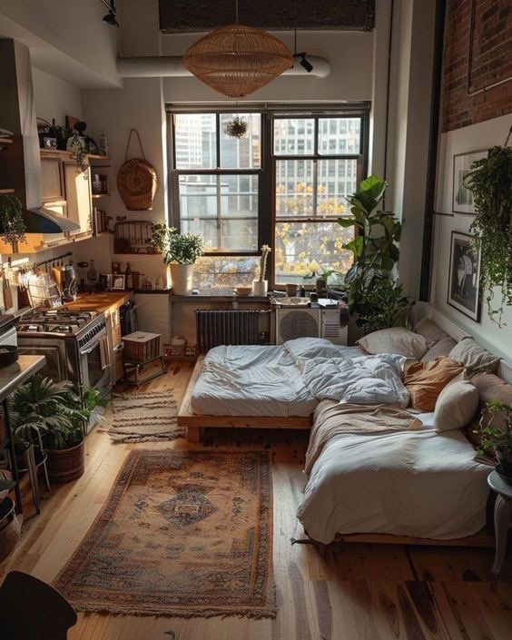 this image showcases a cozy studio apartment with a bohemian aesthetic. natural light streams through a large window, illuminating the space filled with plants, a lowlying bed with white linens and layered blankets, and a vintagestyle rug. the apartment features a small kitchen area and exposed brick walls, adding to the warm and inviting ambiance.