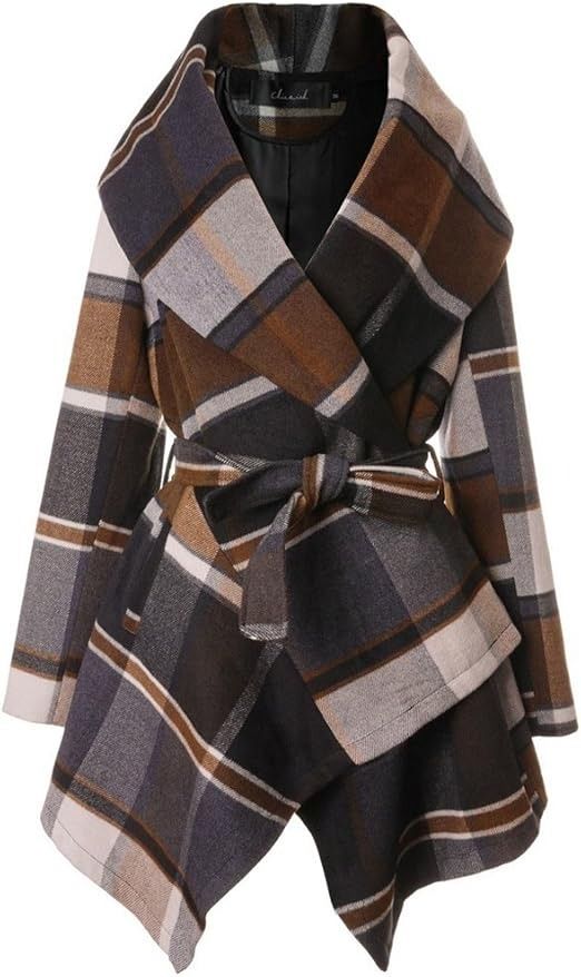 a brown, black, white, and grey plaid coat with a wide collar and a self belt. the coat is very stylish and would be perfect for the winter. it is both casual and elegant.