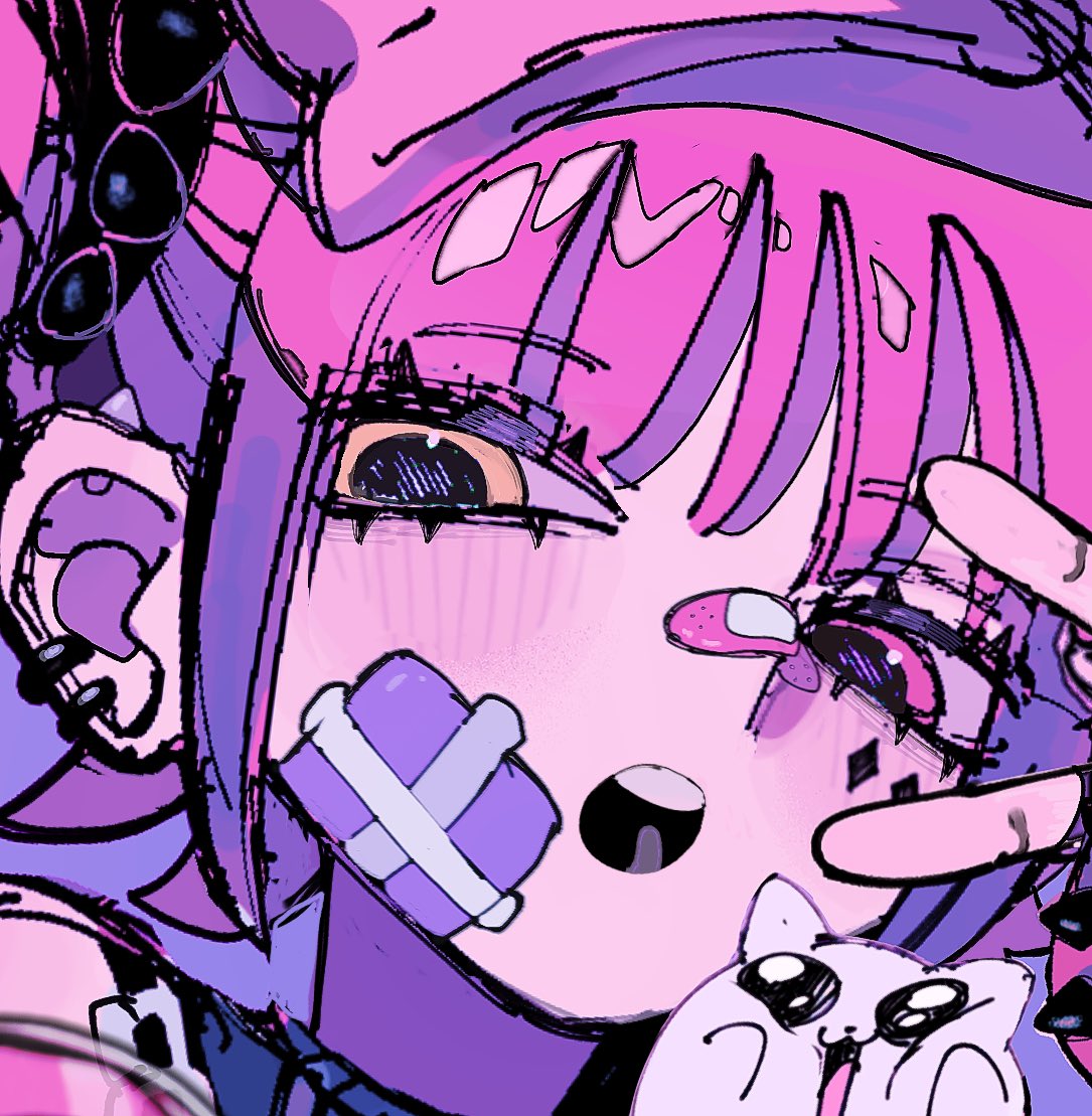 this is a digital drawing of a girl with pink hair and purple eyes. she is smiling and has a bandage on her mouth. she looks to be holding a small, white kitten. the art style is cartoonish and playful, with a colorful and vibrant color palette. the image is created with digital painting techniques and has a digital aesthetic.