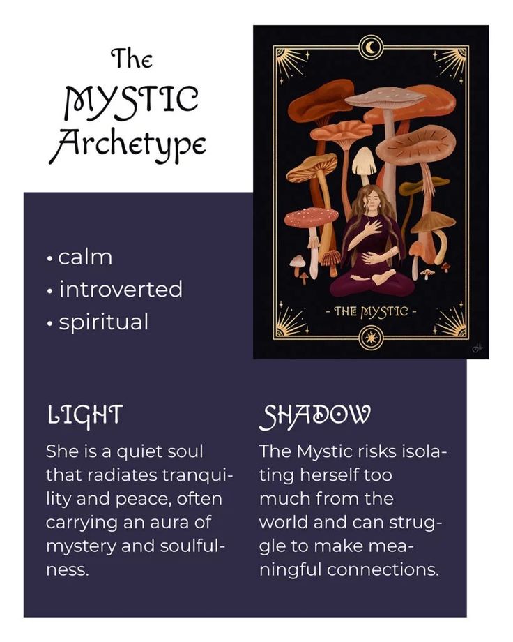 the image presents an archetype description labeled "the mystic archetype". it lists keywords such as calm, introverted, and spiritual. it elaborates on the 'light' and 'shadow' aspects of this archetype: the light aspect is described as a quiet soul that radiates tranquility and peace, often carrying an aura of mystery and soulfulness. the shadow aspect involves the risk of isolation and struggling to make meaningful connections. the image also includes a tarotstyle illustration of a woman meditating amidst a forest of mushrooms.