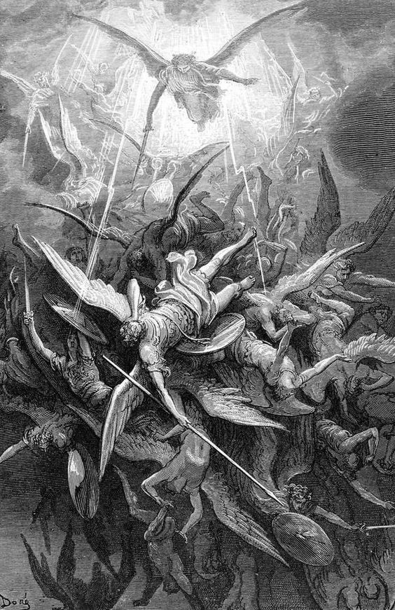 the image depicts a chaotic battle scene in the heavens. countless angels, rendered with muscular physiques and feathered wings, clash in a flurry of limbs and weaponry. the central figure, likely the archangel michael, descends from a divine light source above, wielding a sword and appearing victorious. the fallen angels, their faces contorted in anguish and defeat, tumble into a dark abyss below.  the highcontrast lighting and perspective from below amplify the drama and chaos of the scene, emphasizing the theme of good versus evil.
