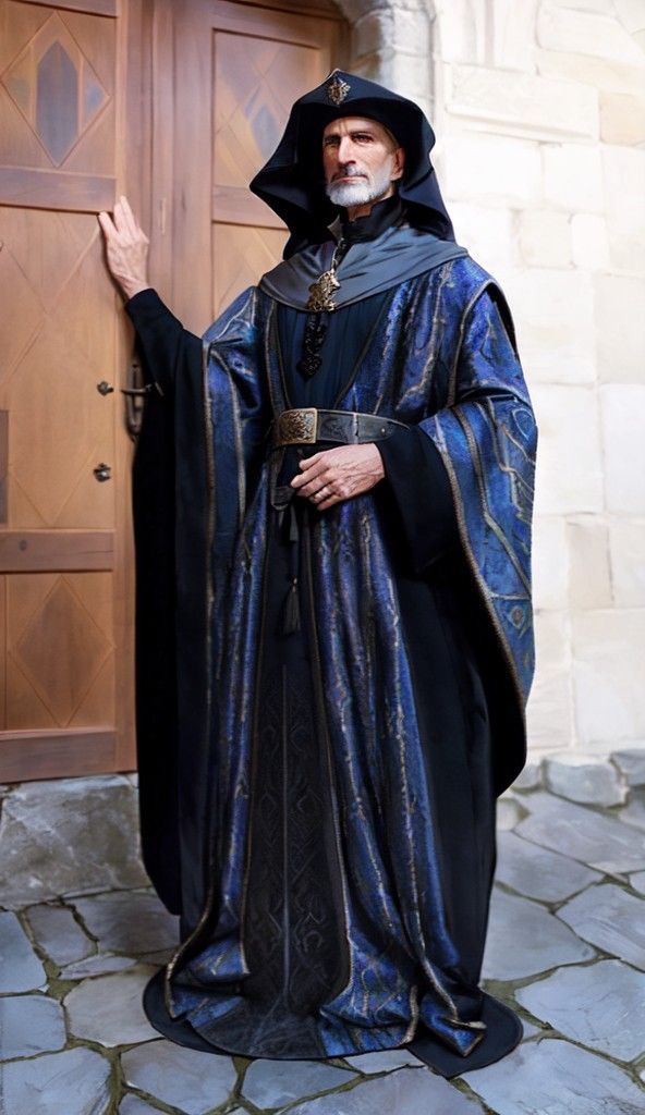 a man dressed in a medieval robe with a hood stands next to a wooden door. he is looking directly at the camera. he has a beard and mustache and his hair is long and white. he is standing in front of a stone wall and there are stones on the ground.