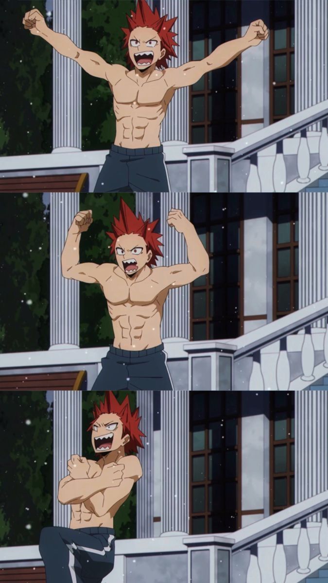 this is an image of an anime character, he has red hair and is shirtless. he is flexing his muscles with a big smile and a happy expression on his face. he is standing outdoors in a wintery scene with some snow falling from the sky.  behind him there is a building with large windows and a balcony railing.