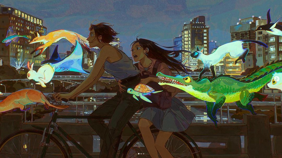 two anime girls are riding a bicycle in the city at night, a fox, turtle, fish, alligator, rabbit, and cat are following them, and the city lights are shining bright in the background.