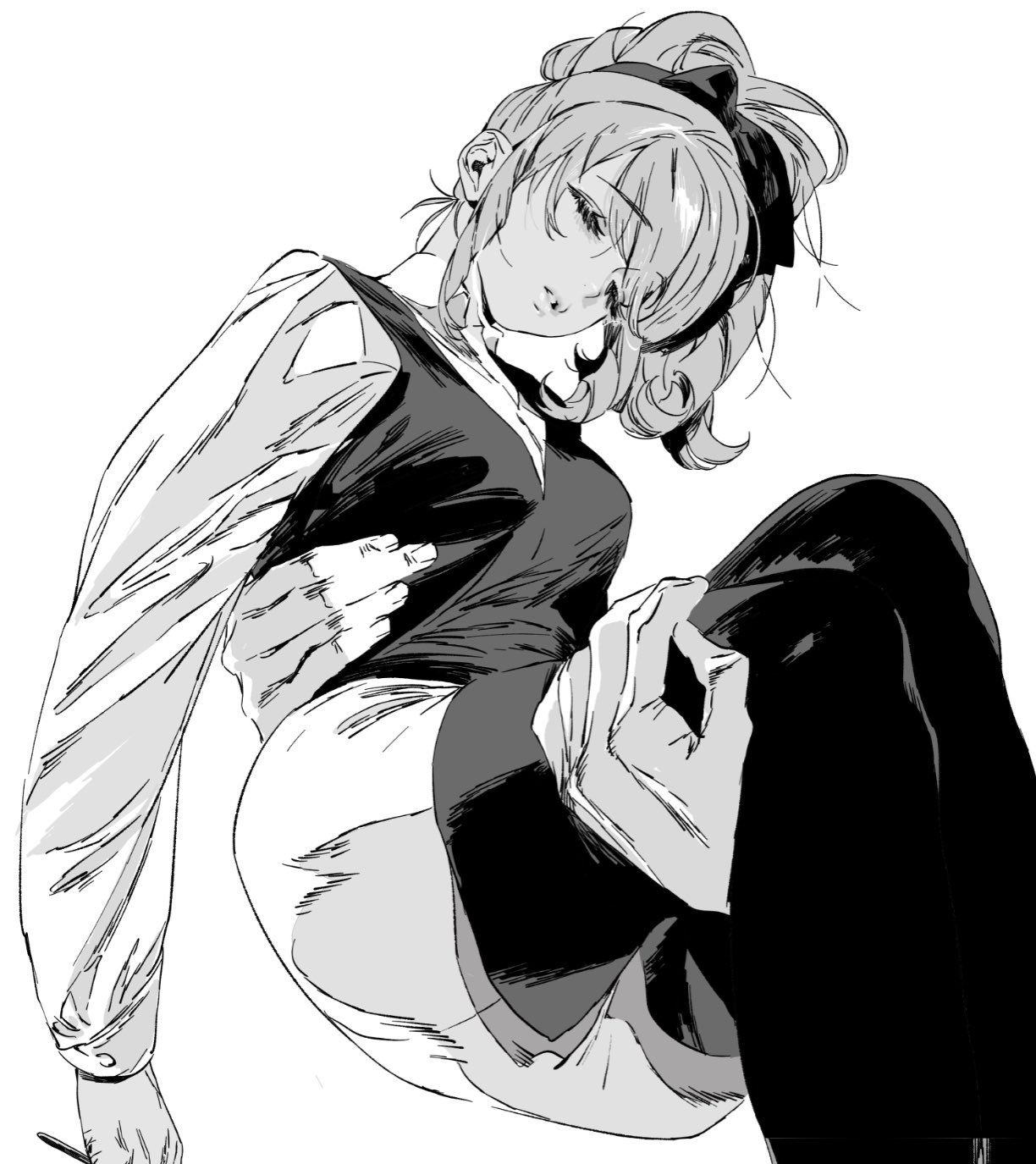 the image is a black and white drawing of an anime girl in manga style looking down. she is sitting and wearing a dress over a long sleeve shirt. her hair is tied back with a bow. she appears to be drawing. the image is a low angle shot.