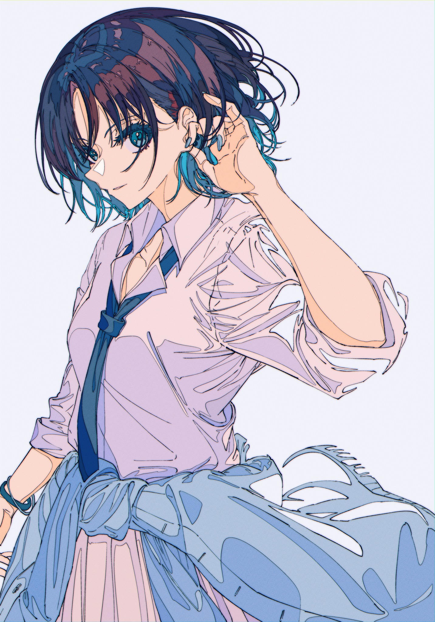 the image is a digital illustration of an animestyle girl. she has short, blueishteal hair with dark roots, and is wearing a pale lilac buttonup shirt, a dark blue tie, a pleated skirt, and a light blue jacket draped around her waist. she is posing with one hand near her ear, and the other partially visible, and her expression is serene yet slightly playful. the art style is soft, with delicate lines and pastel colors. the overall mood is light, casual, and charming.
