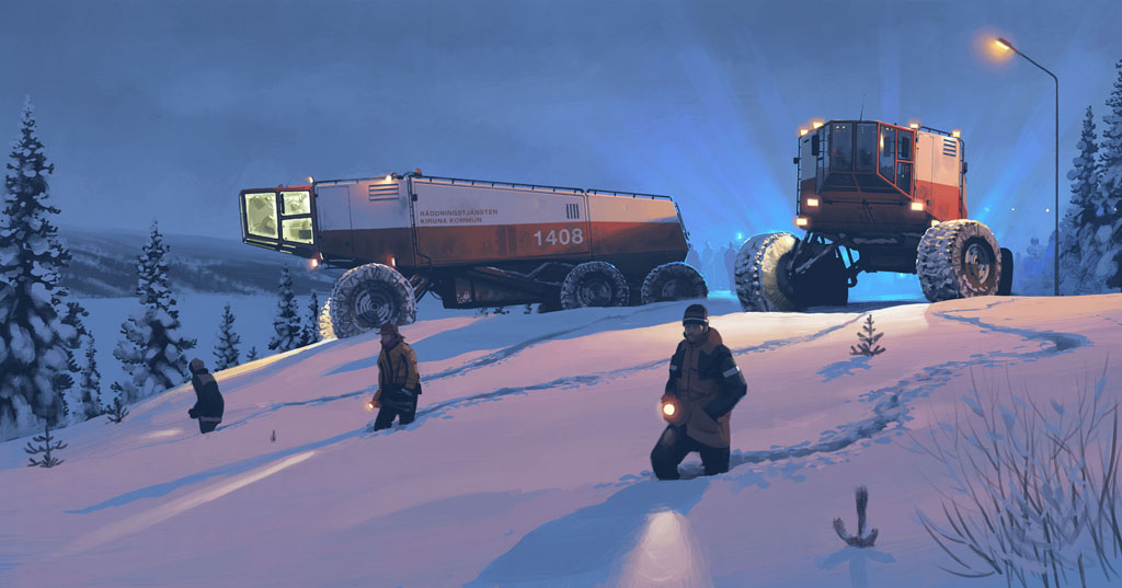 a snowy landscape with two large trucks parked on a snowy hill. the trucks are red and white with large tires and a blackout design. the trucks are parked next to a large snow drift. there are three people standing in the snow in front of the trucks.  the scene is lit by the headlights of the trucks.  the sky is a dark blue, and the snow is illuminated by the headlights of the trucks.  the scene is cold and harsh.