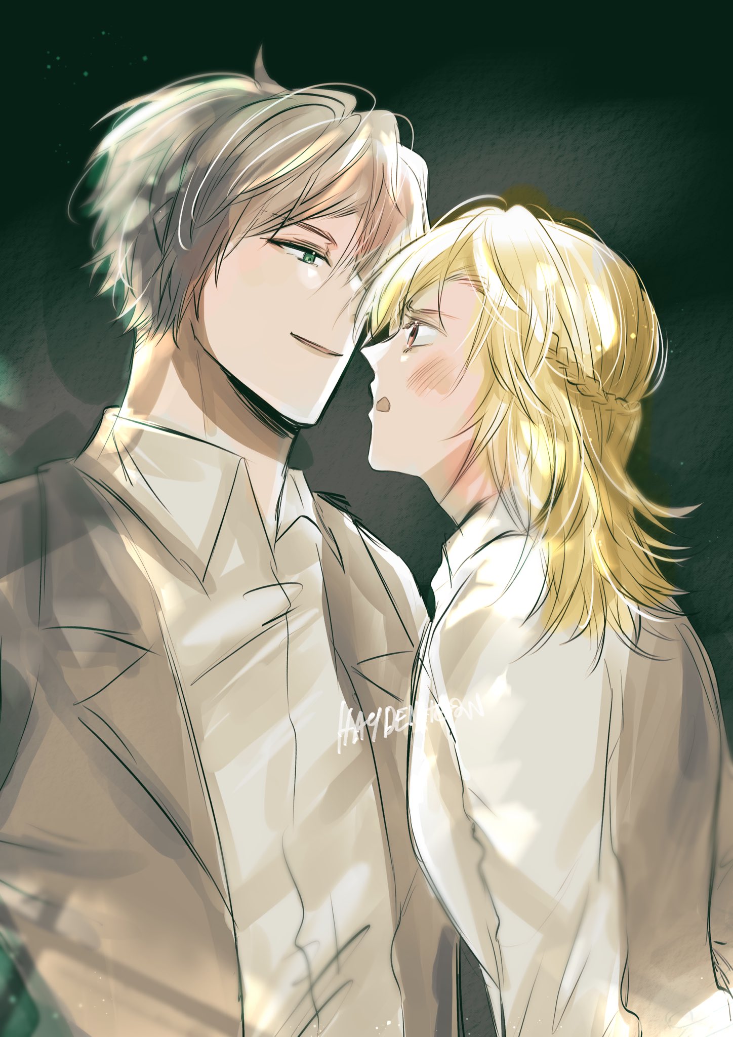 this is a digital drawing of an anime couple. the boy has short, silver hair and is wearing a brown jacket over a white shirt. the girl has long blonde hair and is wearing a white shirt. they are both looking at each other with affection. the background is dark and blurry. the drawing is very well done, with a lot of detail and emotion. the colors are soft and muted. it is clear that the couple is in love.