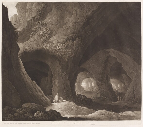 a sepiatoned drawing depicts a series of grand cave entrances within a rugged landscape. the cavernous openings appear as though carved out of towering rock formations, with visible striations and textures suggesting immense geological age. patches of greenery, primarily trees and shrubs, cling to the upper reaches of the rock faces, adding a touch of life to the otherwise stark environment. a group of figures are present near one of the cave entrances, providing a sense of scale and suggesting human interaction with the natural world. a body of water, possibly a small stream or waterfall, flows through the foreground, reflecting the light and adding depth to the composition. the play of light and shadow creates a dramatic effect, highlighting the contours of the caves and emphasizing their vastness.