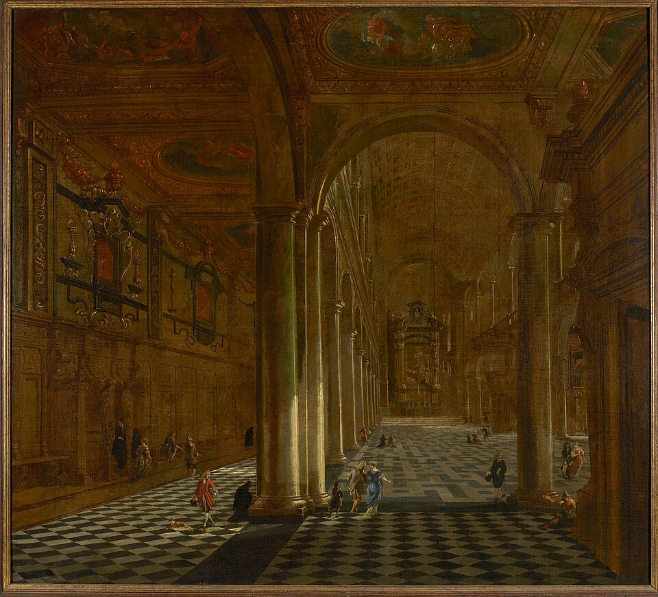 the painting depicts the interior of a grand church or cathedral. rows of tall columns stretch into the distance, creating a sense of depth and vastness. a checkered black and white floor adds to the perspective effect. figures are scattered throughout the space, some standing alone, others in small groups. the ceiling is adorned with painted scenes, and arches span the spaces between the columns. the overall style suggests a baroque or classical architectural setting.
