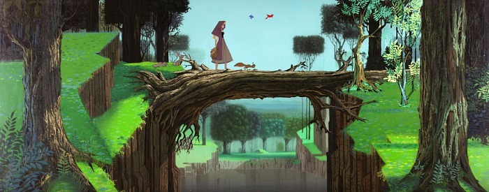 the image depicts snow white from the disney film walking across a fallen tree trunk bridge over a ravine. lush green foliage and trees fill the scene, while a river flows in the distance. the color palette is soft and natural, with a focus on greens, browns, and blues. atmospheric perspective is used to create a sense of depth.  this serene and idyllic image captures the essence of snow white's journey through the forest.